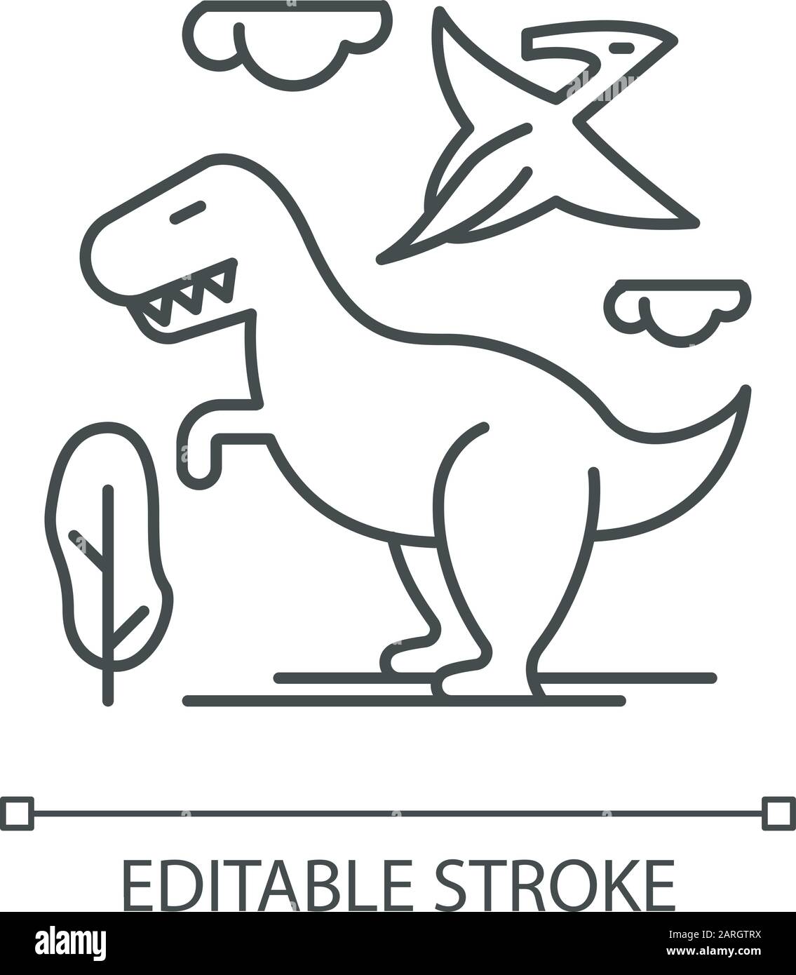 Icona lineare dei dinosauri. Animali preistorici. Tyrannosaurus rex. Pterodattile volante. Archeologia e storia. Illustrazione a linee sottili. Simbolo del contorno. Vec Illustrazione Vettoriale