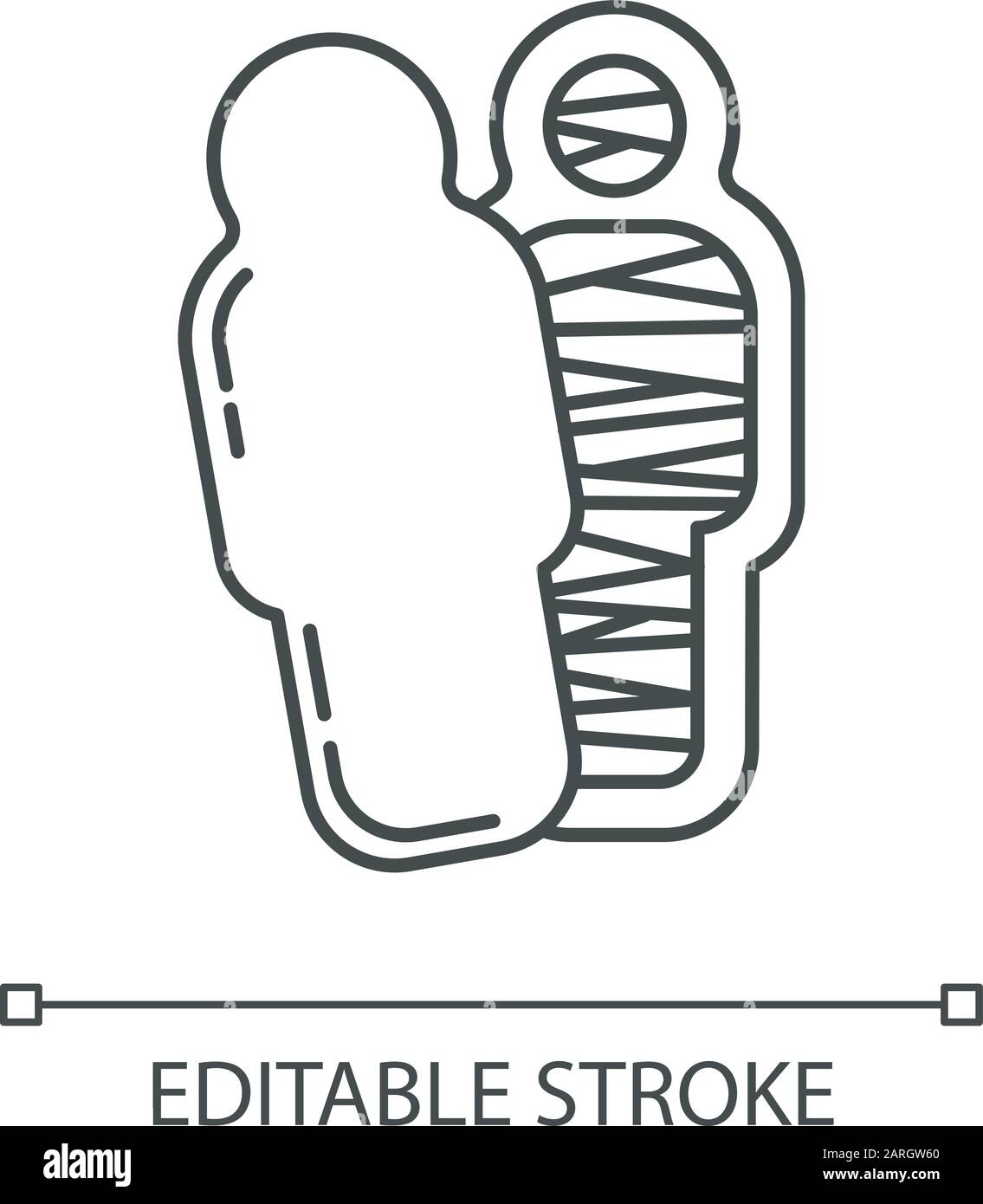 Icona lineare mummia. Faraone in sarcofago. Corpo morto in bara. Cadavere bendato. Antica cultura egiziana. Illustrazione a linee sottili. Simbolo del contorno. Vec Illustrazione Vettoriale