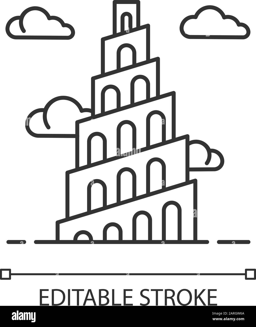 Icona lineare della storia della Bibbia sulla Torre Babele. Ziggurat. Alta struttura a Babylonia. Esodo narrazione biblica. Illustrazione a linee sottili. Simbolo del contorno. Vettore Illustrazione Vettoriale