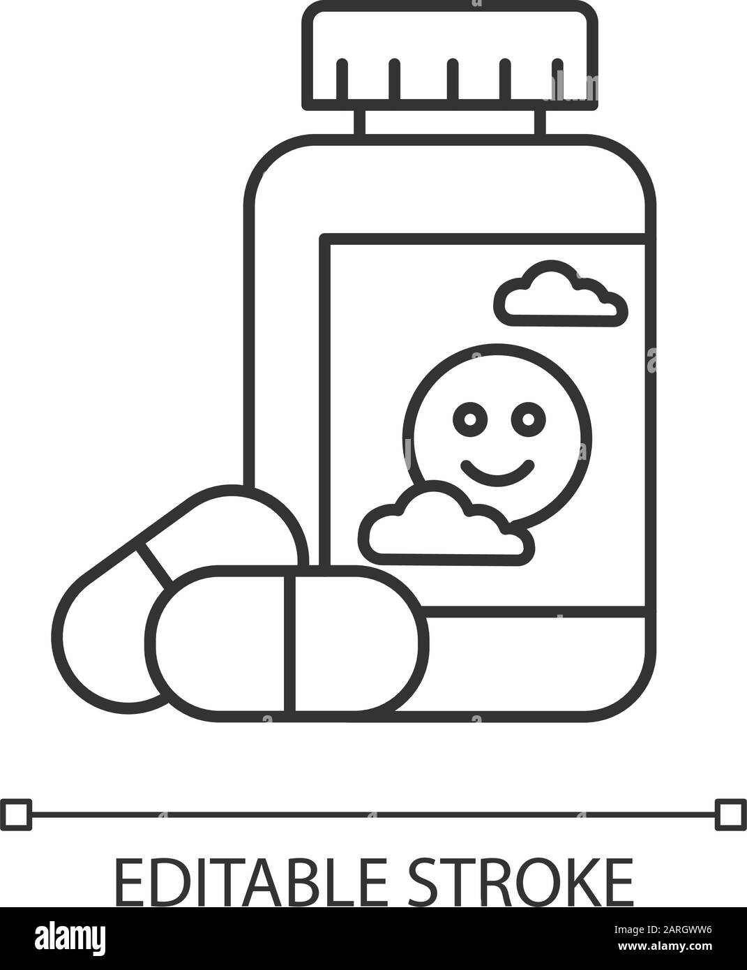 Icona antidepressivo lineare. Farmaci per la depressione. Pillole e farmaci in bottiglia. Antidolorifico e supplemento. Illustrazione a linee sottili. Simbolo del contorno. Vecto Illustrazione Vettoriale