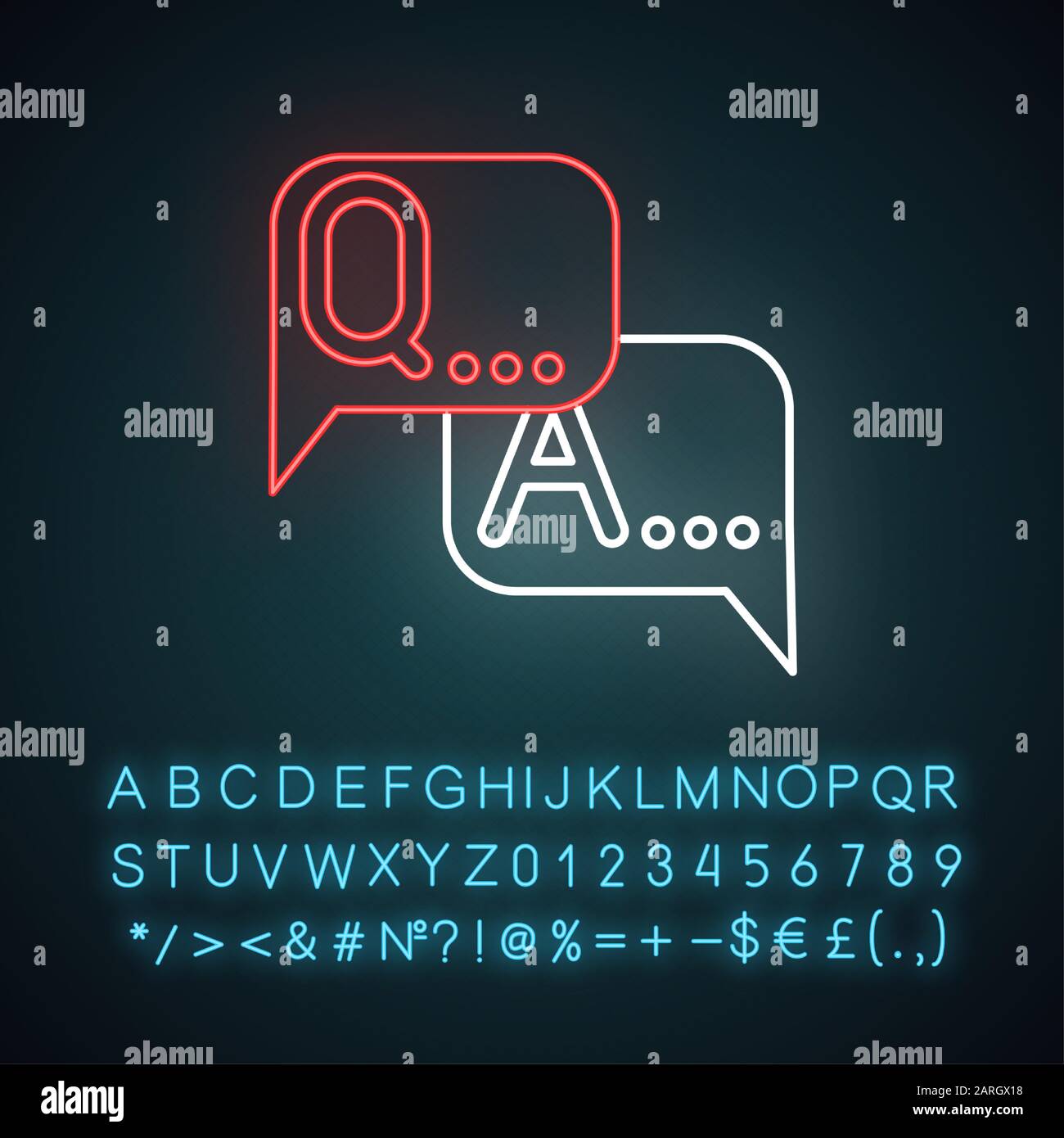 Icona della luce al neon di rilievo. Domande e risposte. Segno di FAQ. Bolle vocali. Finestra di dialogo, messaggio. Chat online. Conversazione. Segno incandescente con alfabeto, num Illustrazione Vettoriale