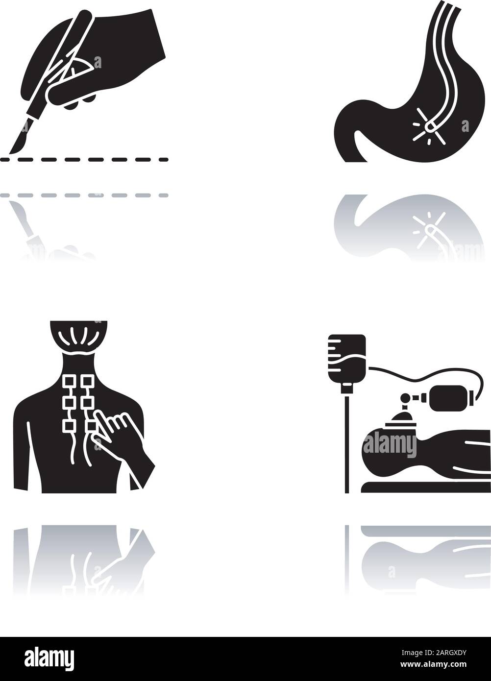 Procedura medica goccia ombra glyph nero icone set. Chirurgia. Endoscopia e gastroscopia. Controllo del tratto digestivo. Fisioterapia. Sollievo dal dolore alla schiena. Anest Illustrazione Vettoriale