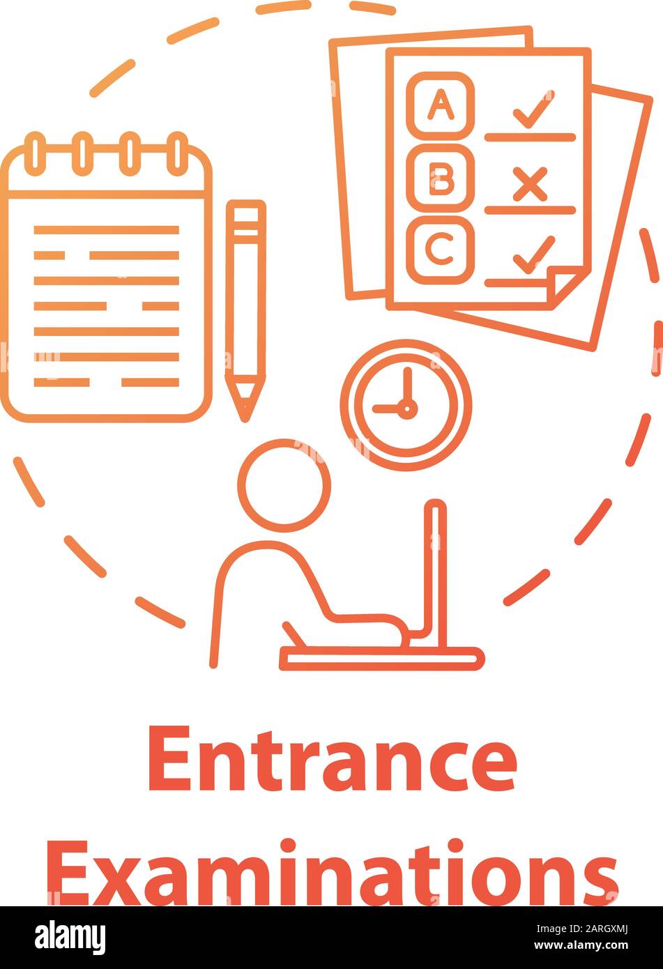 Icona del concetto di esame di ingresso. Esame di accesso. Test superato. Lotta per il luogo di studio. Verificare la conoscenza e il livello di formazione idea sottile linea illustrazione. Illustrazione Vettoriale