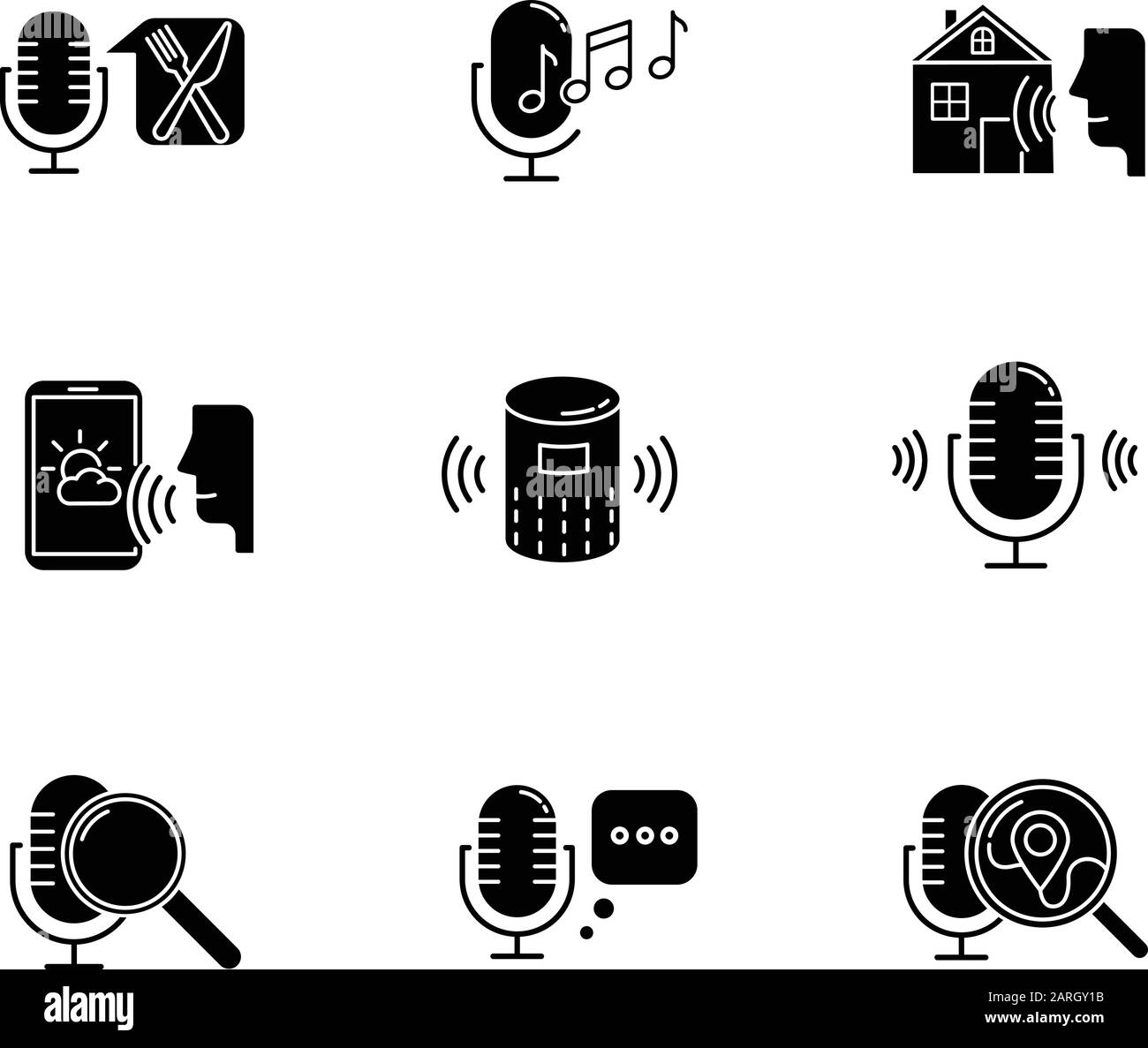 Icone glifi del sistema di controllo vocale impostate. Il suono richiede un'idea. Riconoscimento musicale, registrazione audio. Comandi vocali di tipo "Virtual asisstance" e "standart". Silhouette sy Illustrazione Vettoriale