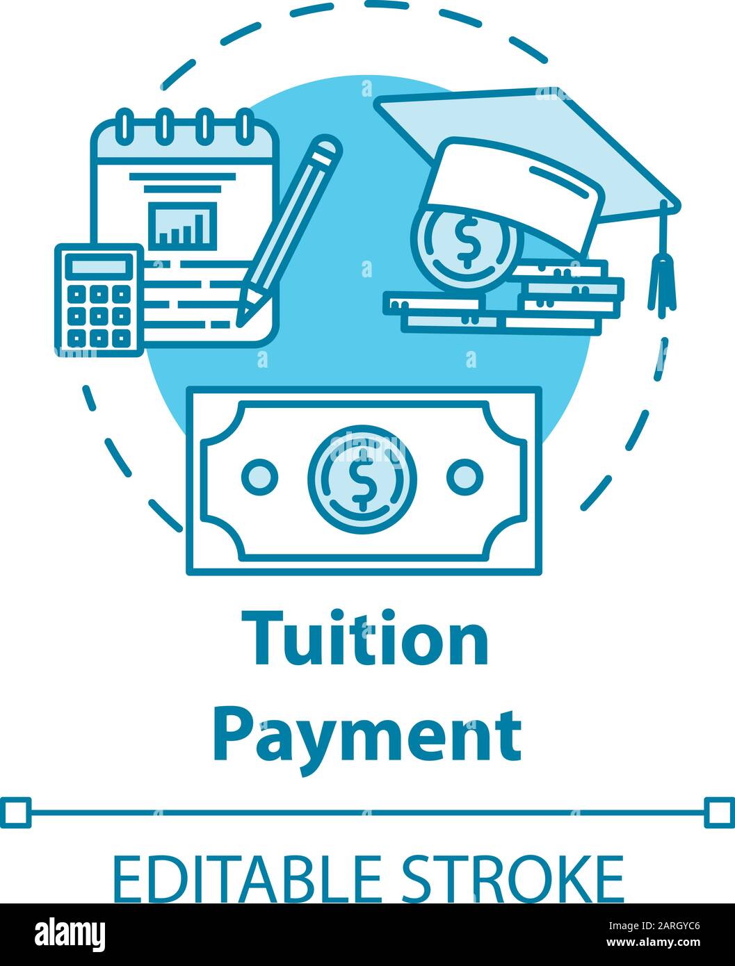 Icona del concetto di pagamento delle tasse scolastiche. Costo dell'istruzione. Sovvenzione finanziaria. Investimento di conoscenza. Conteggio college risparmio fondo idea sottile linea illustrazione. Vettore Illustrazione Vettoriale
