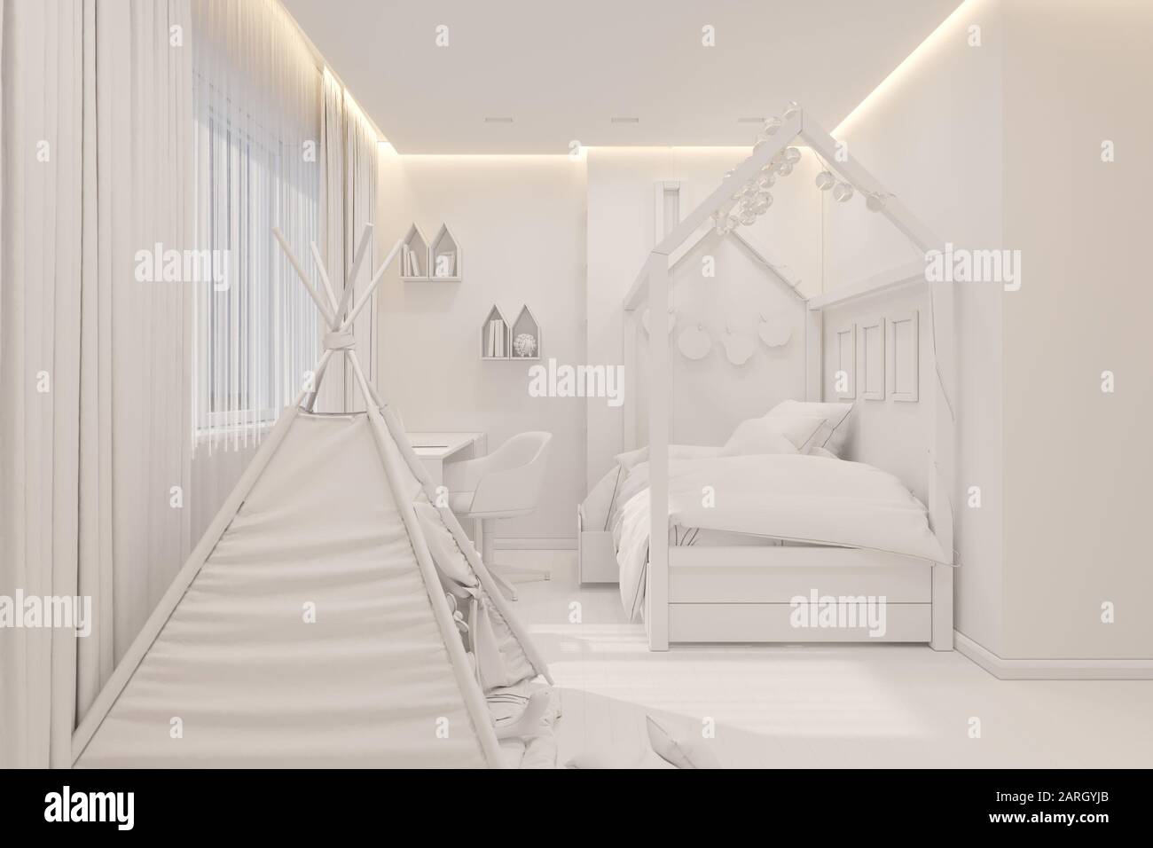La sala giochi e la camera da letto dal design interno in stile scandinavo Foto Stock