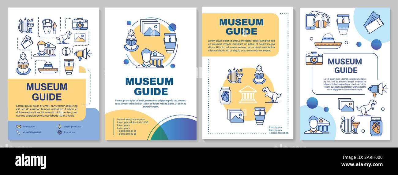 Modello della brochure della guida del museo. Guida alla mostra. Volantino, opuscolo, stampa dépliant, copertina con icone lineari. Layout di pagine vettoriali per riviste Illustrazione Vettoriale