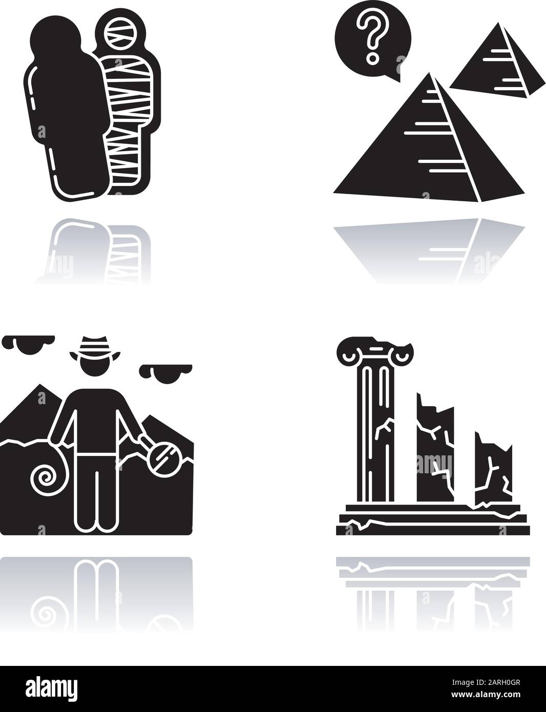 Archaeology goccia ombra glyph nero icone set. Mummia in sarcofago. Piramidi. Misteri della cultura egiziana. Ricercatore. Rovine di colonna. Pilastri rotti. Ciao Illustrazione Vettoriale