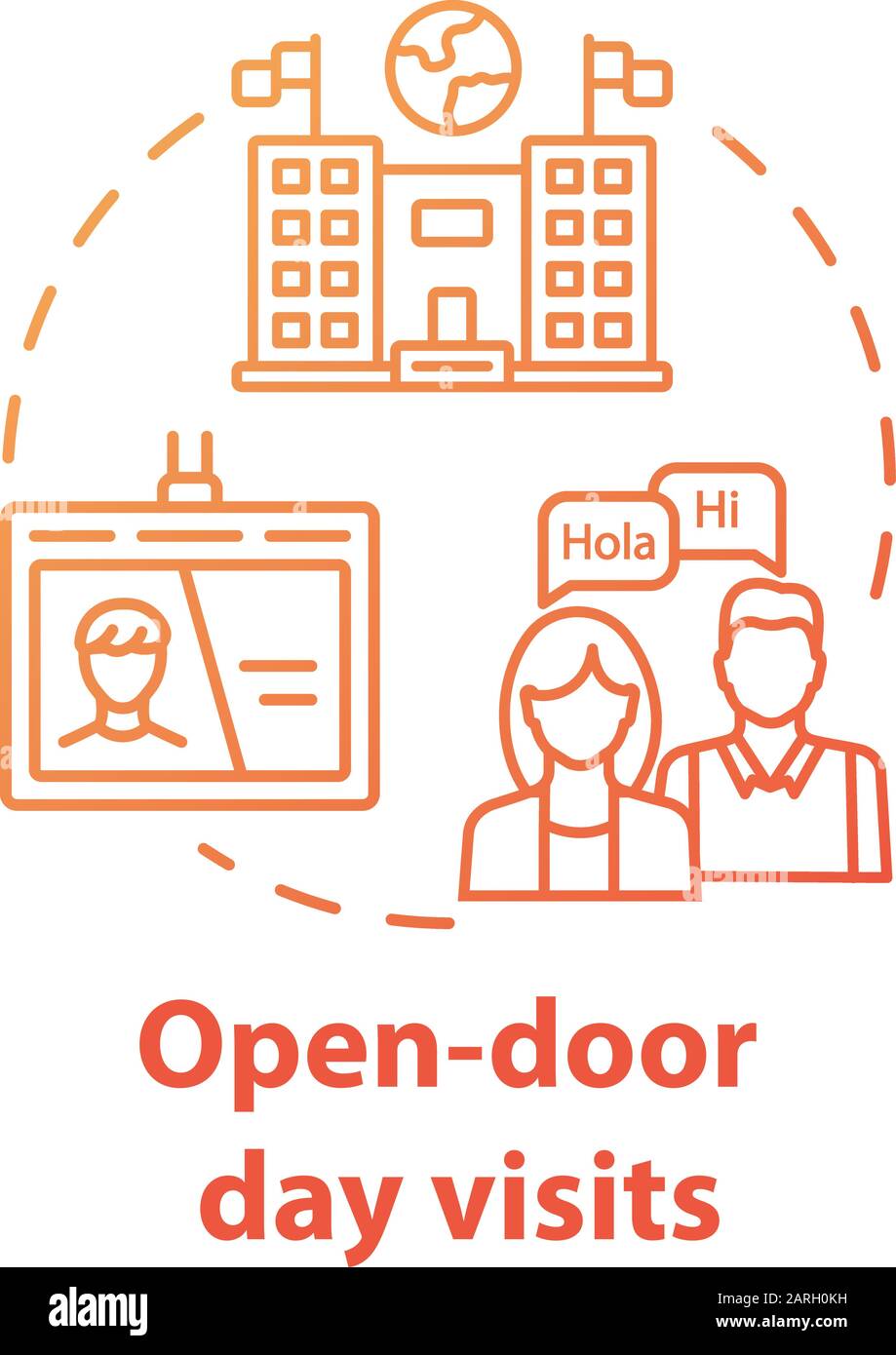 Icona del concetto di visite giornaliere a porte aperte. Presentazione dell'università internazionale. Invito allo studio. Illustrazione della linea sottile dell'idea dell'entrata dell'università. Vettore Illustrazione Vettoriale