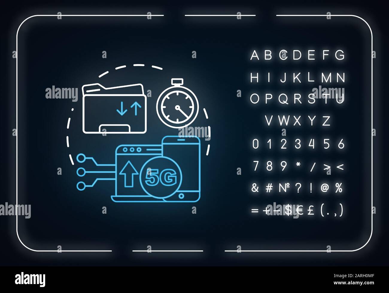 Icona del concetto di luce al neon con velocità di trasferimento dati di 10 Gbps. Idea delle tecnologie 5G. Internet mobile. Collegamento ad alta velocità. Tecnologia wireless. Segno incandescente con alphab Illustrazione Vettoriale