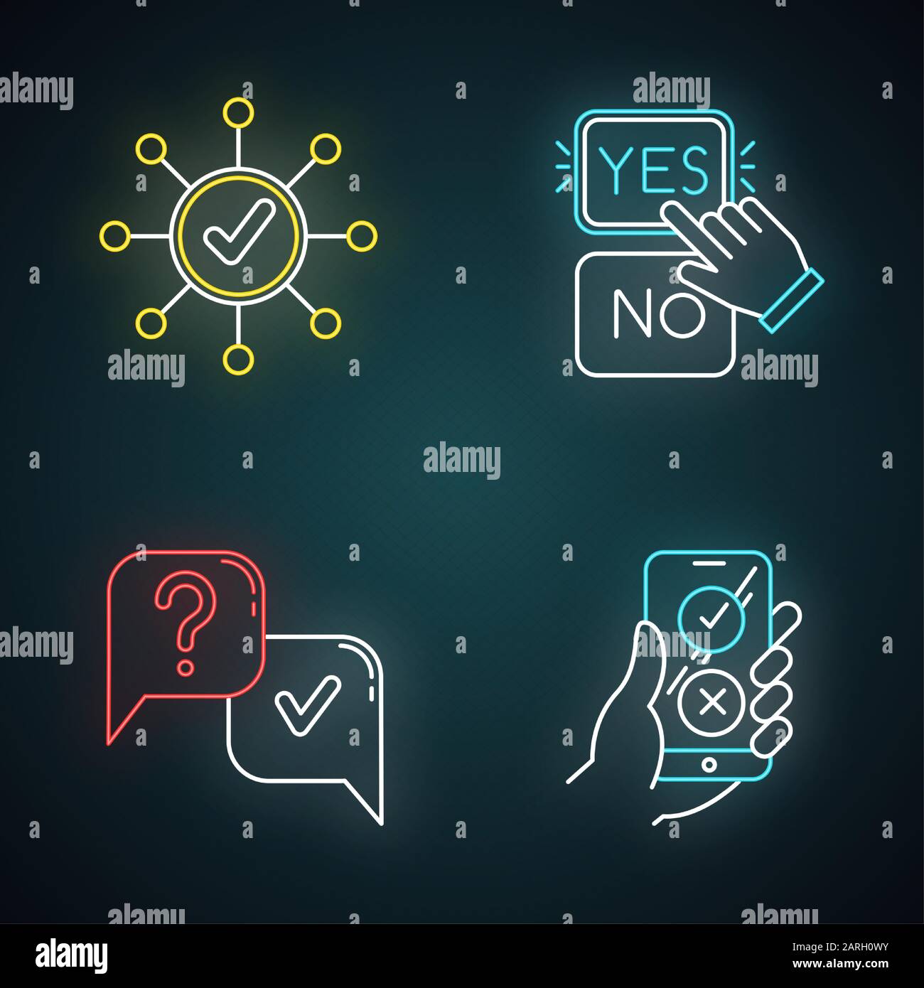 Set di icone per luci al neon per sondaggi. Risposta corretta, opzione di approvazione. Struttura di diffusione. Fare clic su Sì e su No. Domanda e risposta. Segno di FAQ. Feedback online Illustrazione Vettoriale