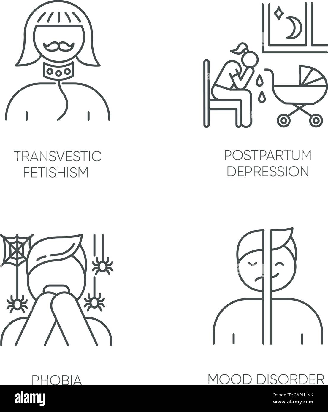Set di icone lineari del disturbo mentale. Feticismo transvestico. Depressione post-partum. Fobia. Attacco di panico. Disturbi dell'umore. Simboli di contorno della linea Hin. Isolare Illustrazione Vettoriale