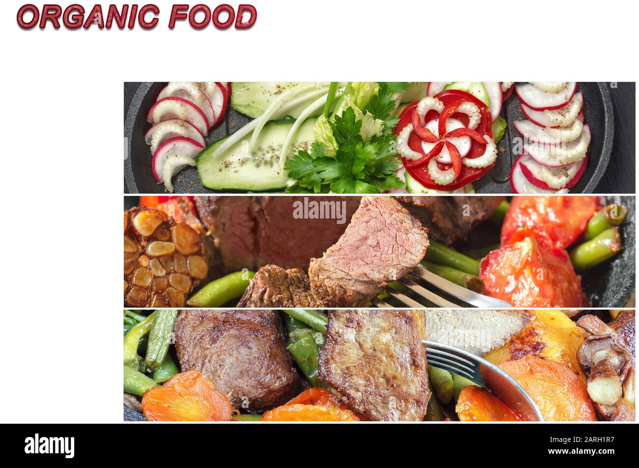 Roast beef, fegato e verdure fresche, primo piano. Collage di tre foto su sfondo bianco Foto Stock