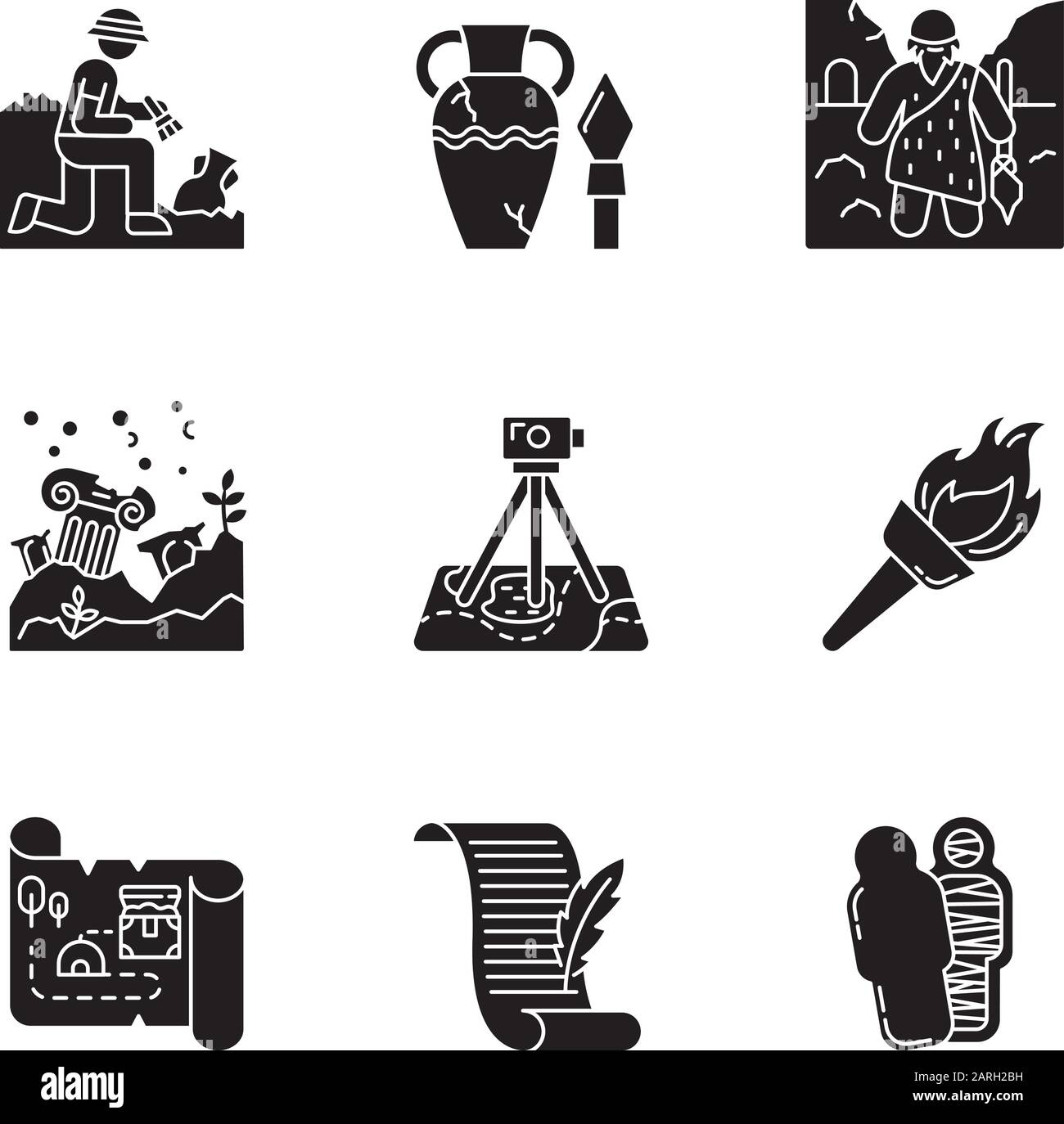 Archaeology glyph icone set. Scavo. Archeologo. Antichi manufatti. Caveman. Rovine. Sondaggio archiviato. Flambeau. Mappa del tesoro, manoscritto. Mamma. Silh Illustrazione Vettoriale