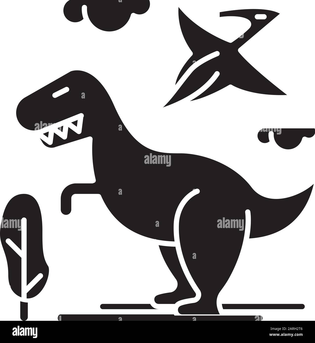 Icona glifo dei dinosauri. Animali preistorici. Tyrannosaurus rex. Pterodattile volante. Jurassic Park. Archeologia e storia. Simbolo di silhouette. Negativo s Illustrazione Vettoriale