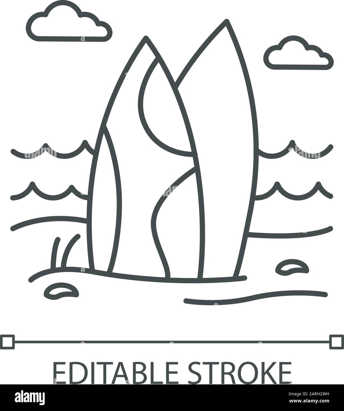 Tavole da surf sulla spiaggia icona lineare. Onde di mare di surf. Indonesia attività di surf oceanica. Attrezzature per sport acquatici. Illustrazione a linee sottili. Simbolo del contorno. Illustrazione Vettoriale