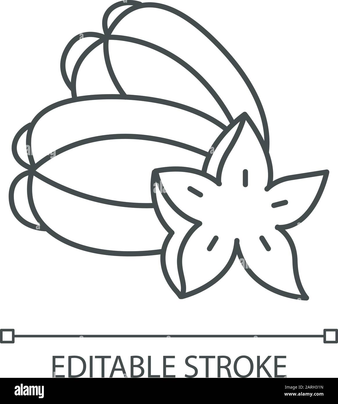 Icona lineare Star Fruit. Pezzo di carambola. Scopri le specialità locali. Viaggio in Indonesia. Mela star asiatica. Illustrazione a linee sottili. Simbolo del contorno Illustrazione Vettoriale