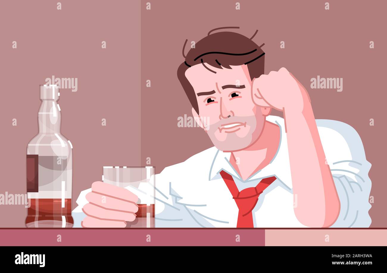 Illustrazione di vettore piatto alcolico maschio. Dipendenza da alcol. Alcolismo abituale. Nascondi dai problemi con il whiskey. Triste, stanco, ubriaco uomo caucasico hol Illustrazione Vettoriale