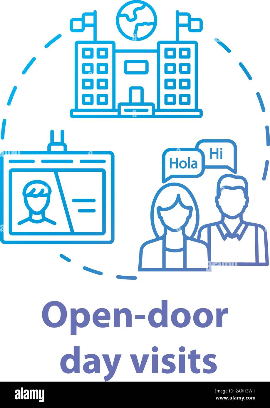 Icona del concetto di visite giornaliere a porte aperte. Presentazione dell'università internazionale. Invito allo studio. Illustrazione della linea sottile dell'idea dell'entrata dell'università. Vettore Illustrazione Vettoriale
