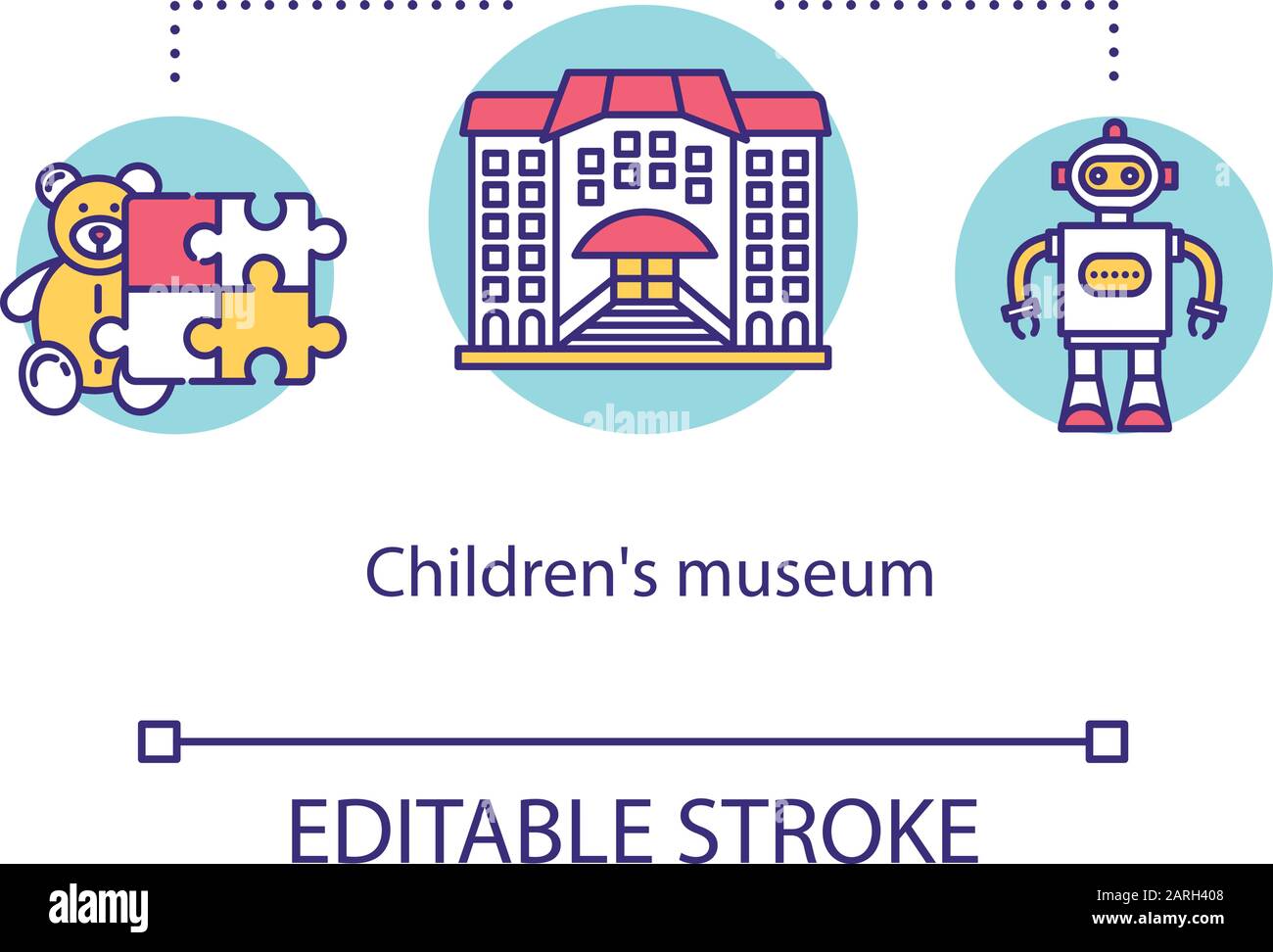 Icona del concetto di museo per bambini. Visita alla mostra didattica. Escursione all'esposizione culturale. Illustrazione della linea sottile dell'idea di viaggio del campo della scuola. Vettore Illustrazione Vettoriale