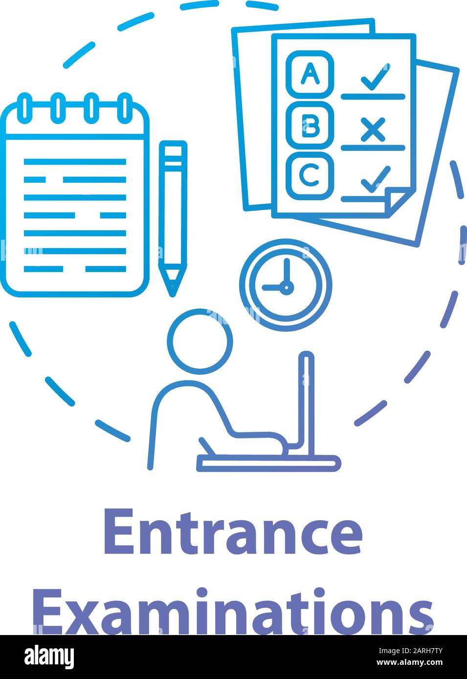 Icona del concetto di esame di ingresso. Esame di accesso. Test superato. Lotta per il luogo di studio. Verificare la conoscenza e il livello di formazione idea sottile linea illustrazione. Illustrazione Vettoriale
