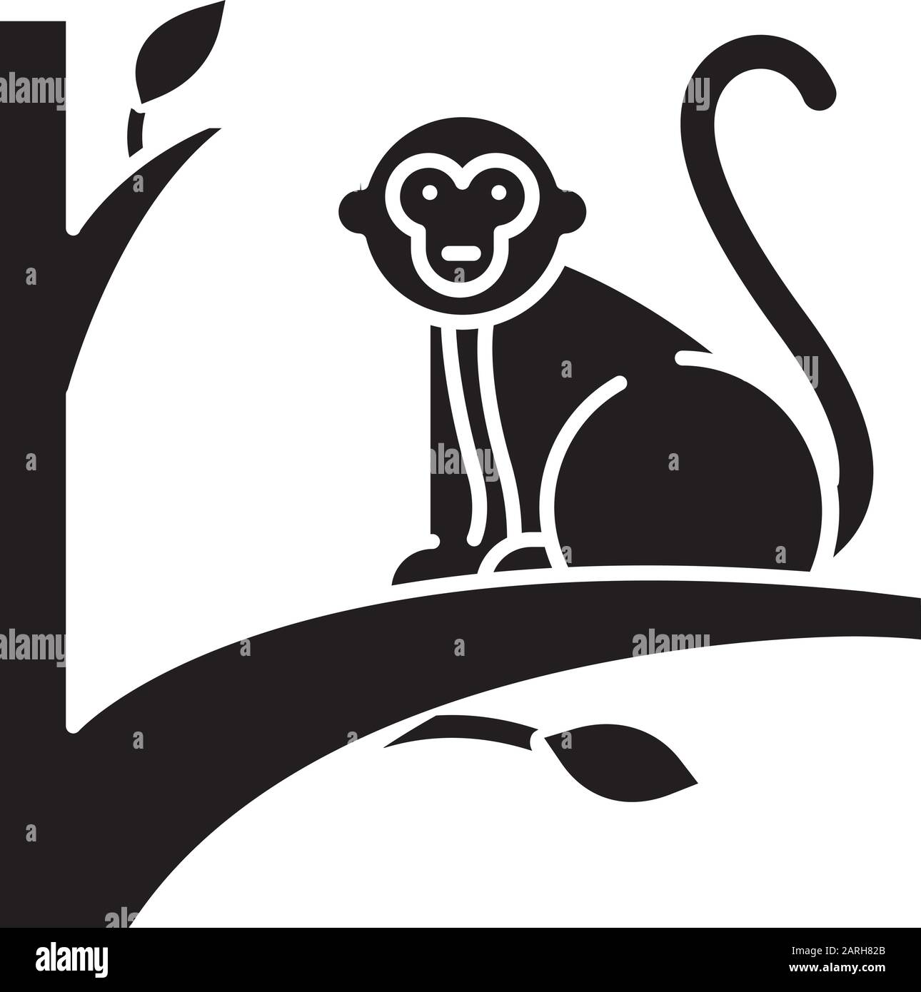 Icona Monkey on tree glyph. Animale di paese tropicale, mammifero. Esplorare la fauna selvatica esotica delle isole dell'Indonesia. Primate seduto. Simbolo di silhouette. Negativo Illustrazione Vettoriale