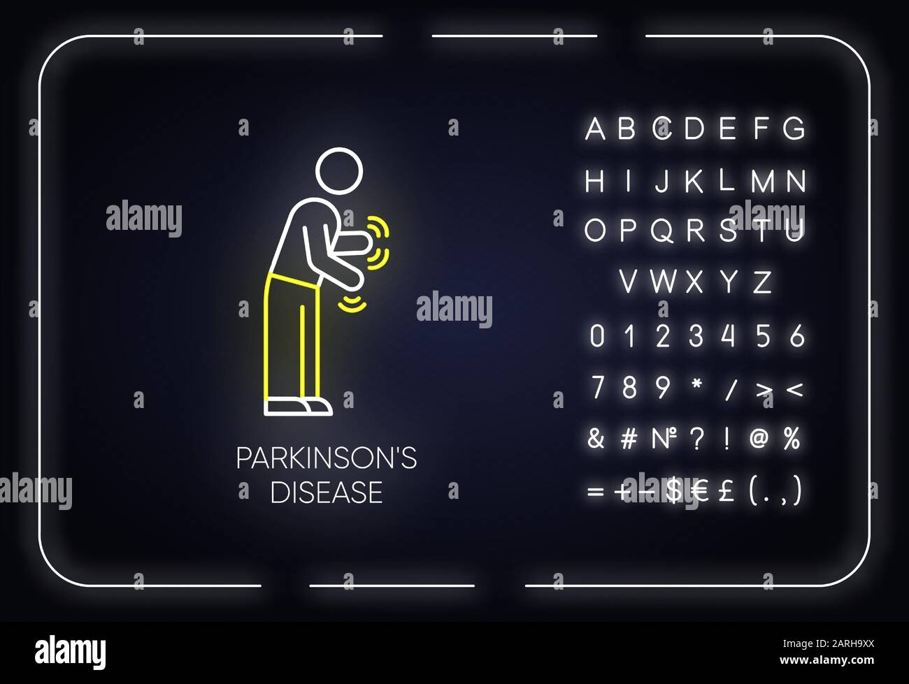 Icona della luce al neon sulla malattia di Parkinson. Difficoltà di movimento. Scuotimento, rigidità. Sindrome parkinsoniana. Problema di salute mentale. Segno incandescente con alfabeto, n Illustrazione Vettoriale