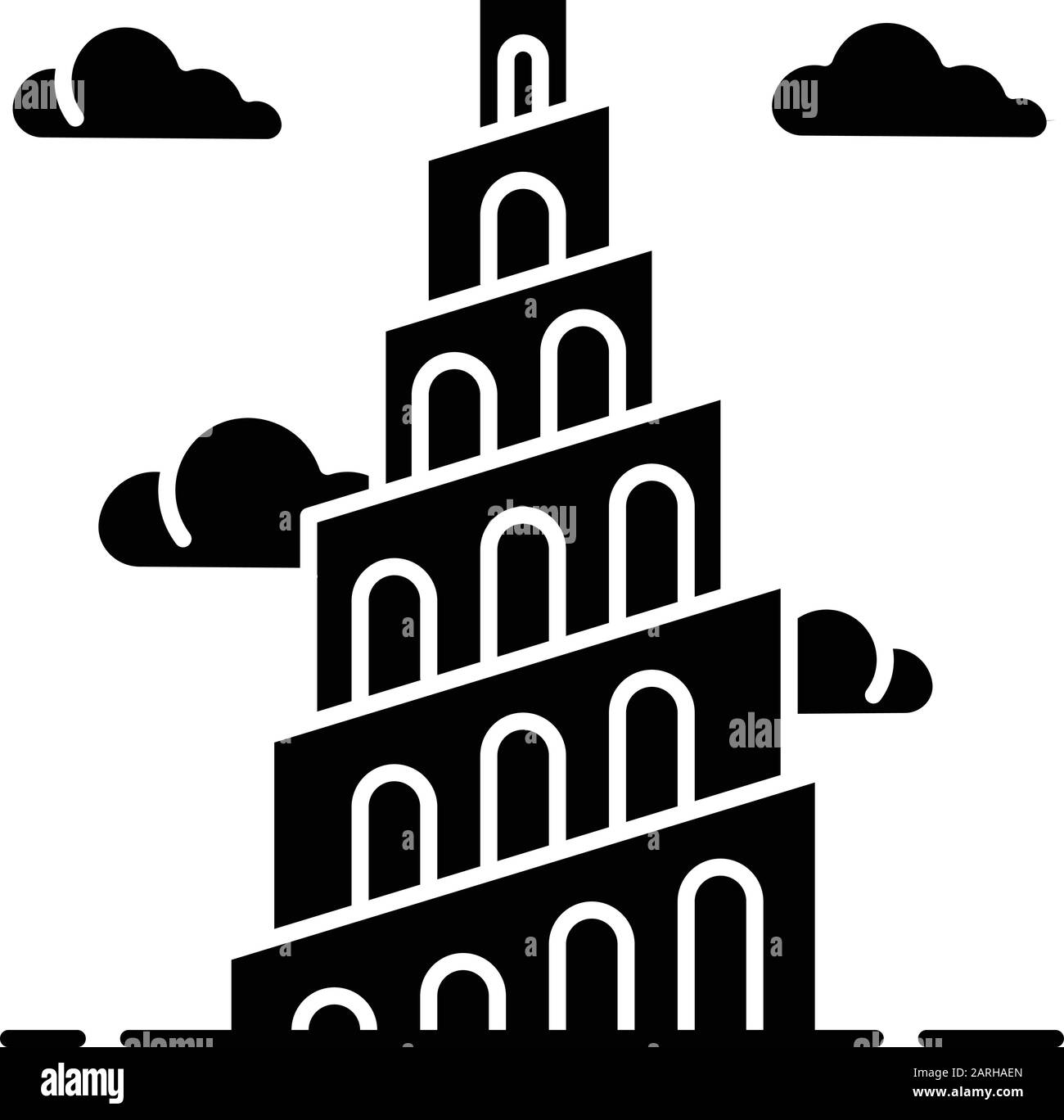 Icona del glifo della Bibbia della Torre Babele. Ziggurat. Alta struttura a Babylonia. Leggenda religiosa. Esodo narrazione biblica. Simbolo di silhouette. Sp. Negativo Illustrazione Vettoriale
