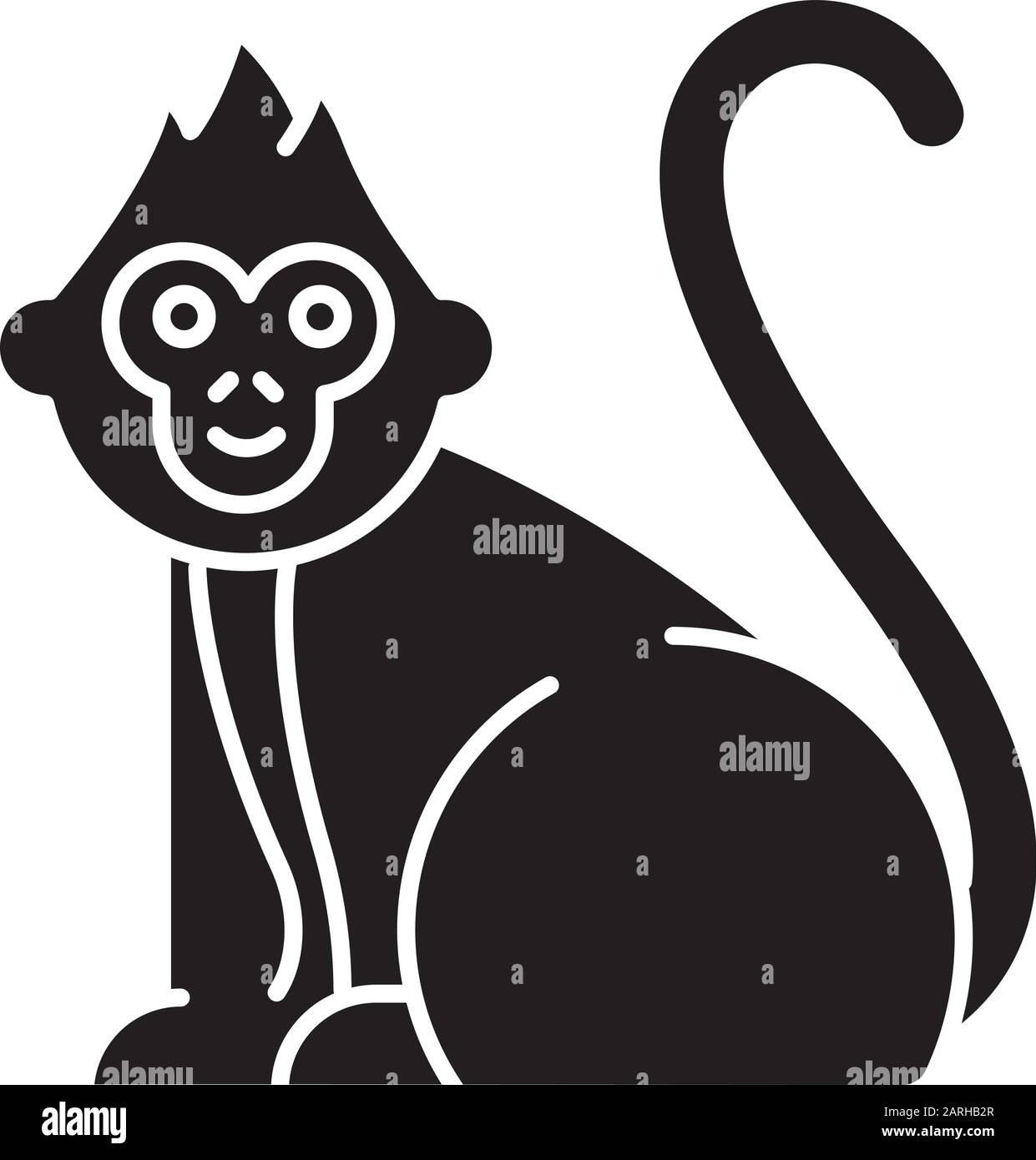 Icona glifo scimmia bambino. Animale di paese tropicale, mammifero. Esplorare la fauna selvatica delle isole indonesiane. Cute primate seduta. Simbolo di silhouette. Spac. Negativo Illustrazione Vettoriale
