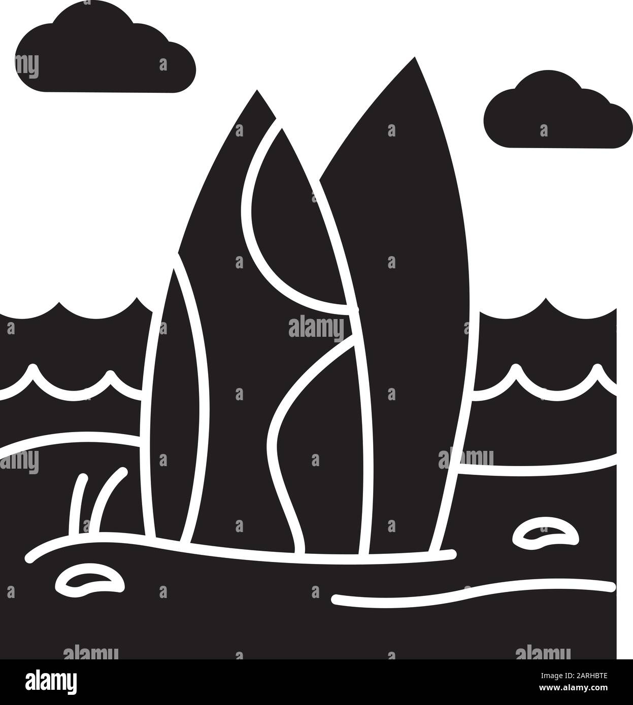 Tavole da surf sulla spiaggia icona glifo. Onde di mare di surf. Vacanza in Indonesia. Attività di surf sull'oceano. Attrezzature per sport acquatici. Simbolo di silhouette. Nega Illustrazione Vettoriale