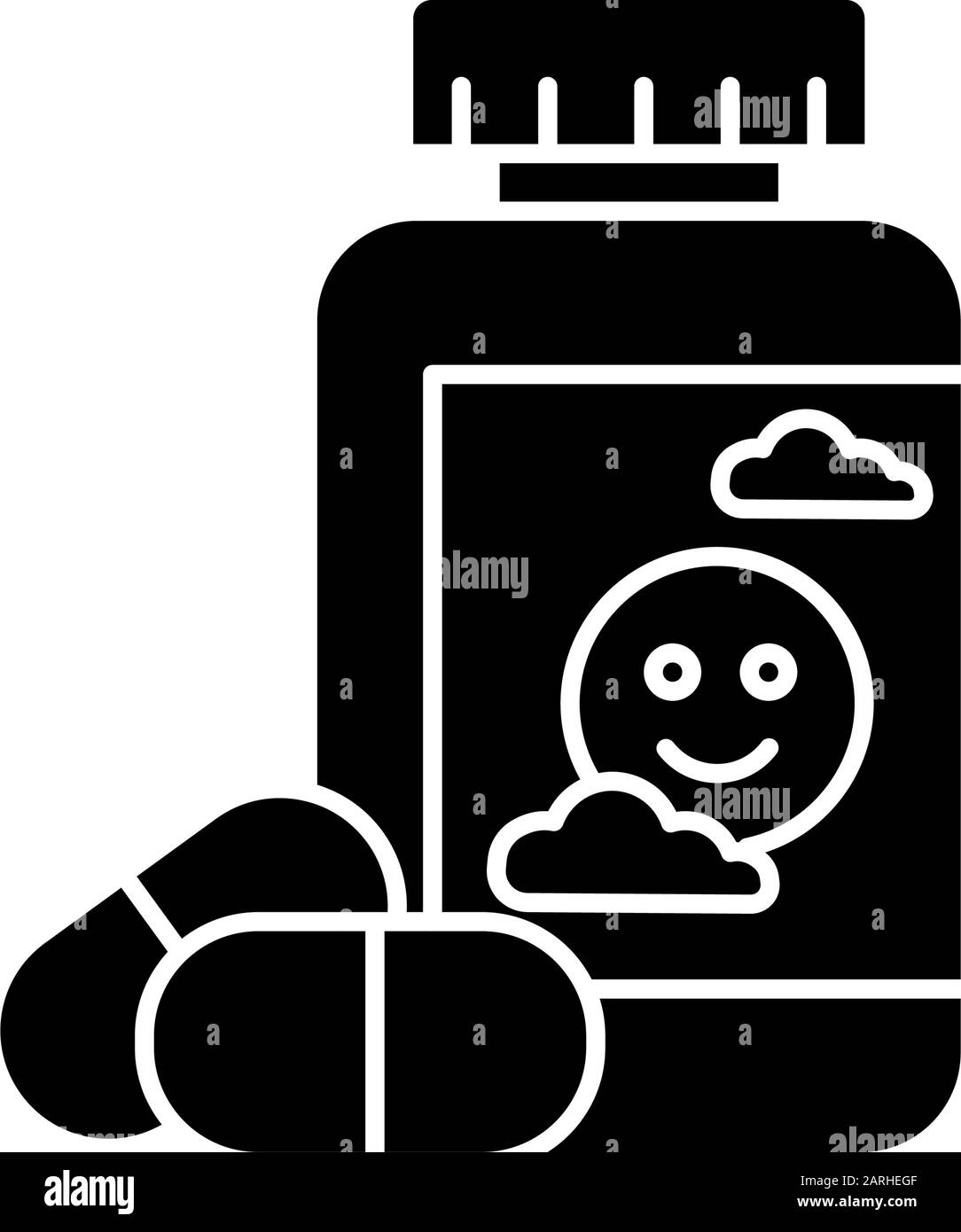 Icona glifo antidepressivo. Farmaci per la depressione. Pillole e farmaci in bottiglia. Antidolorifico e supplemento. Prodotto placebo. Aiuto di ansia. silhouette symb Illustrazione Vettoriale