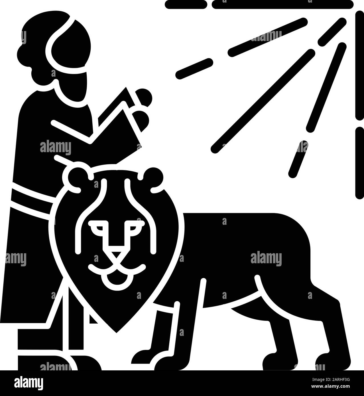 Daniel in leone den Bibbia storia icona glifo. Eroe leggendario che prega. Leggenda religiosa. Religione cristiana. Narrazione biblica. Simbolo di silhouette. Negati Illustrazione Vettoriale