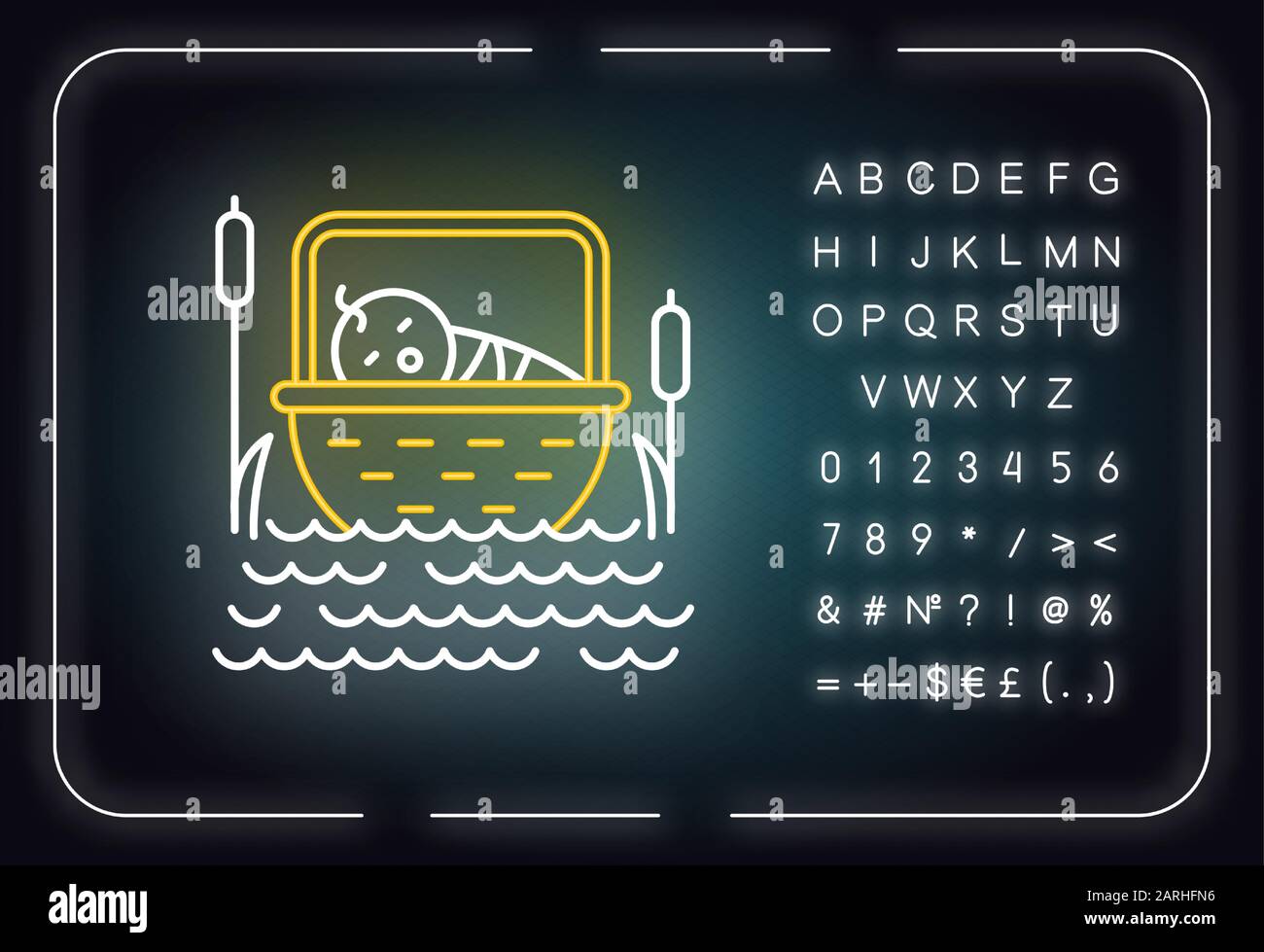 La nascita di Mosè Bibbia storia neon icona luce. Neonato nel cestino. Profeta Ebraico. Esodo narrazione biblica. Segno incandescente con alfabeto, numeri e. Illustrazione Vettoriale