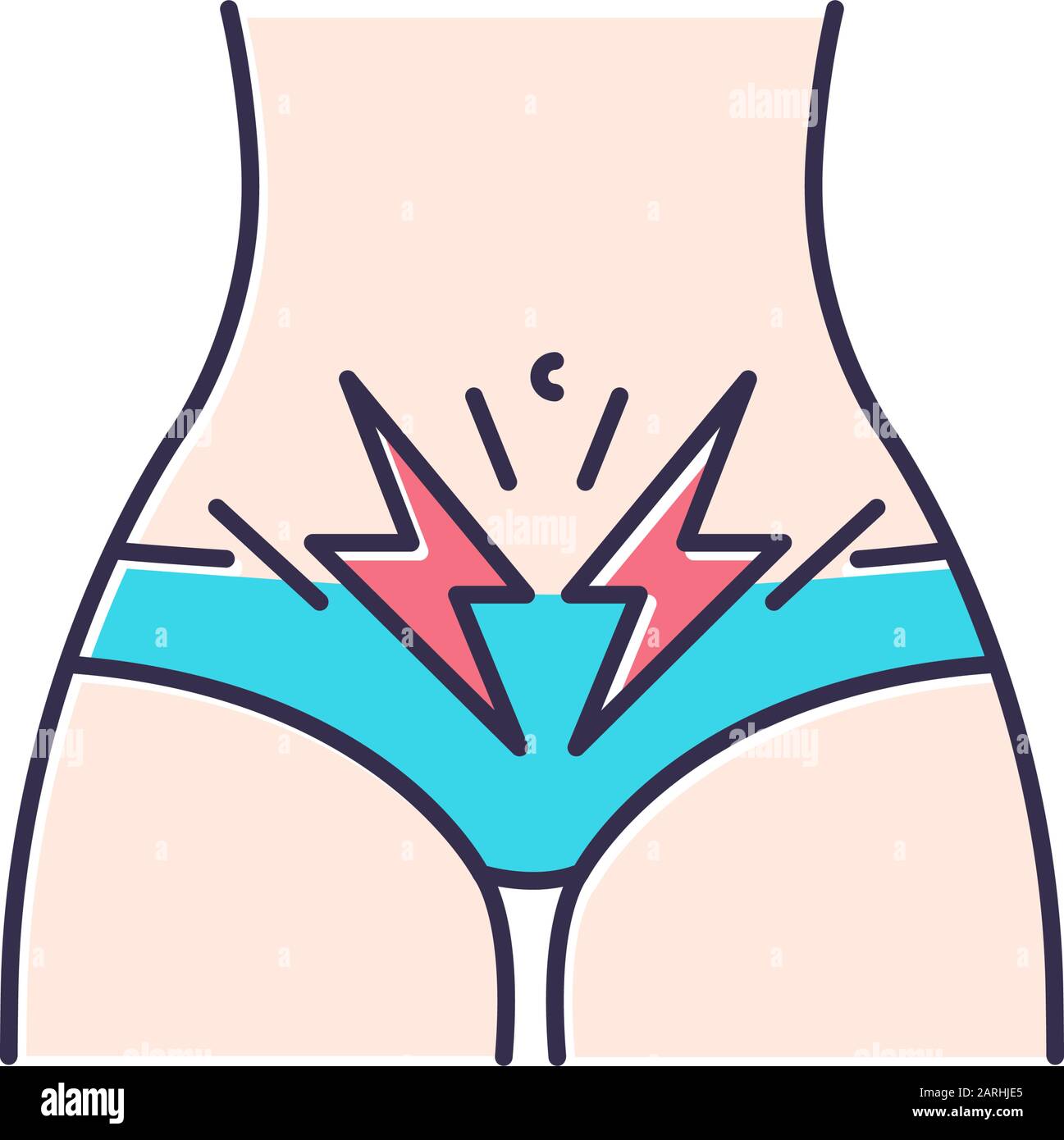 Icona del colore della cramp. Dolore addominale mestruale. Sindrome di Predmestrual. Sintomo di periodo. Dolore allo stomaco femminile. Diarrea, stipsi. Disagio e menstr Illustrazione Vettoriale