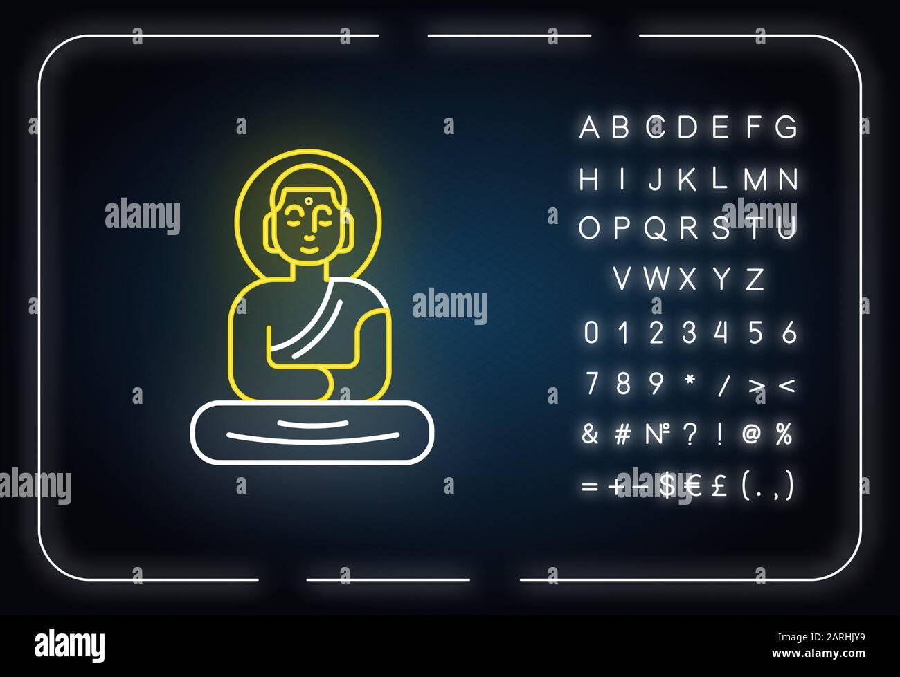 Statua del Buddha icona luce al neon. Meditazione seduta in posa di loto. Simbolo di pace e armonia. Scultura religiosa orientale. Segno incandescente con alfabeto Illustrazione Vettoriale