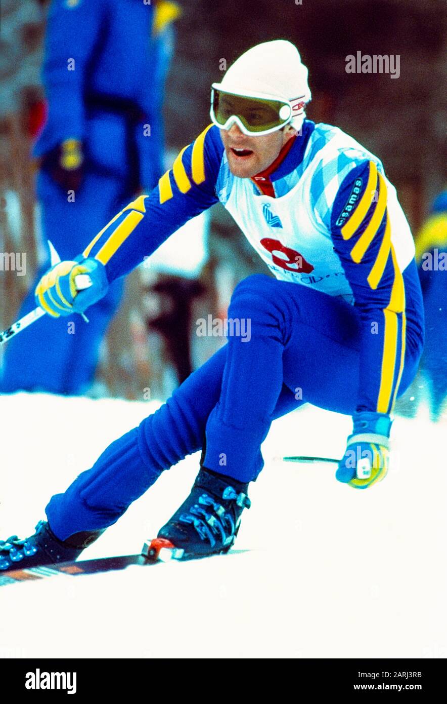 Ingmar Stenmark di Svezia vince la medaglia d'oro nello slalom ai Giochi Olimpici invernali del 1980 Foto Stock
