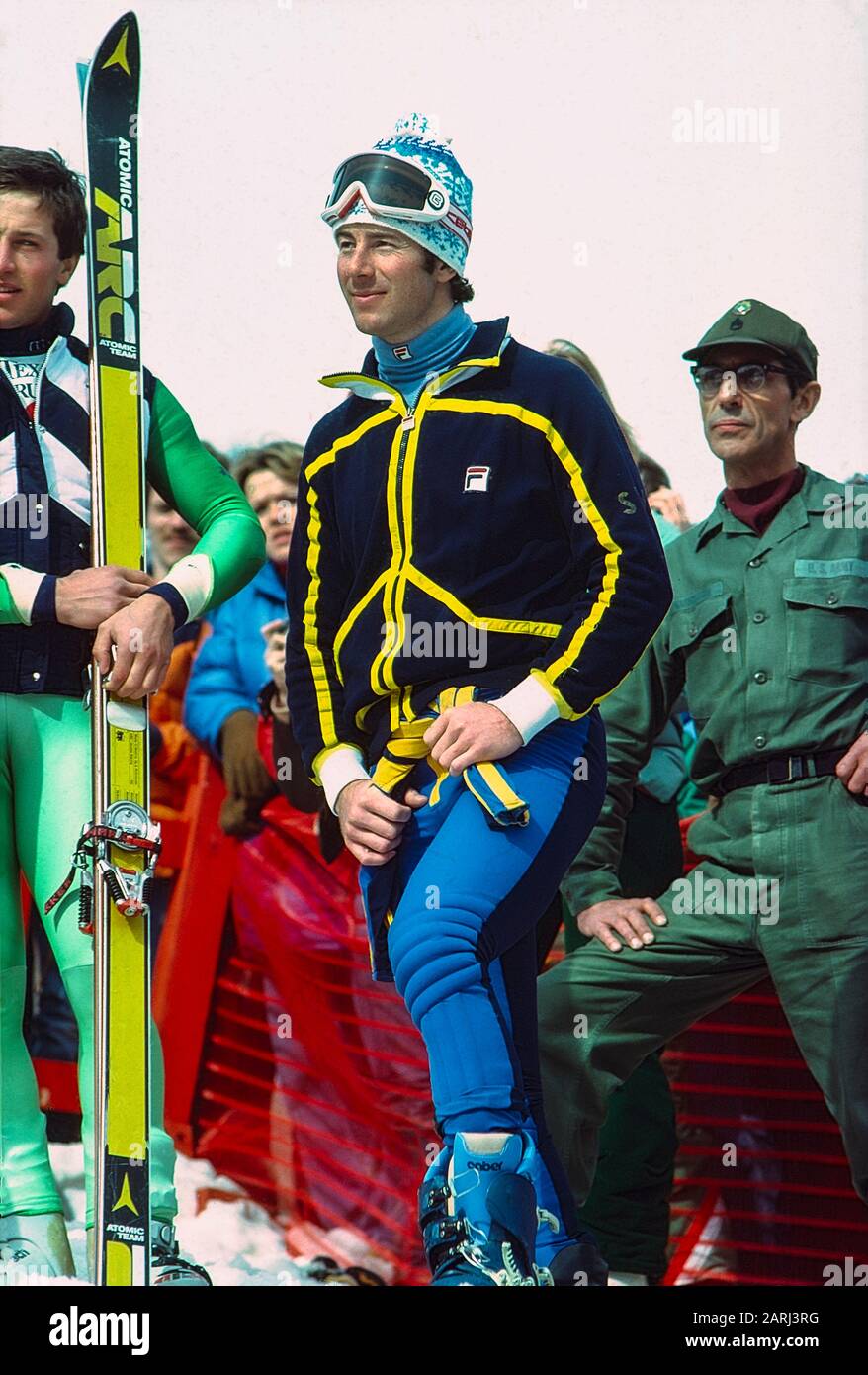 Ingmar Stenmark di Svezia vincitore della medaglia d'oro nella baraccopoli gigante alla Coppa del mondo del 1979, Lake Placid, NY Foto Stock