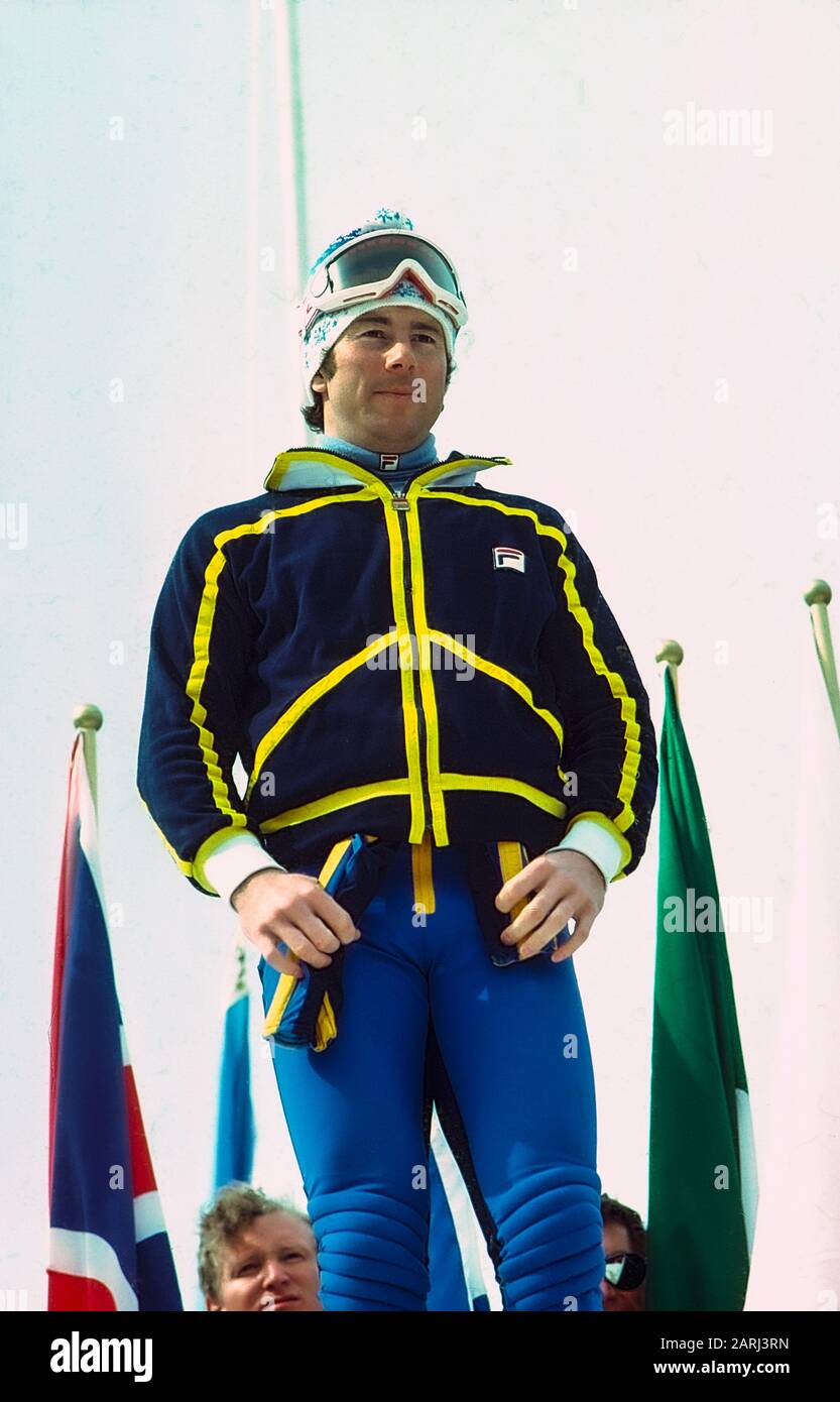 Ingmar Stenmark di Svezia vincitore della medaglia d'oro nella baraccopoli gigante alla Coppa del mondo del 1979, Lake Placid, NY Foto Stock
