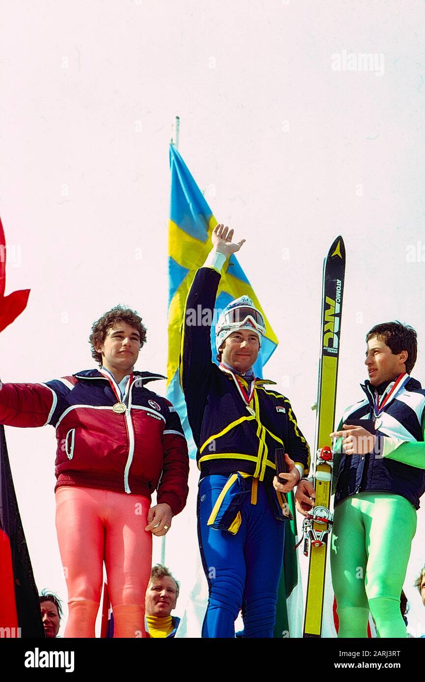 Ingmar Stenmark di Svezia vincitore della medaglia d'oro nella baraccopoli gigante alla Coppa del mondo del 1979, Lake Placid, NY Foto Stock