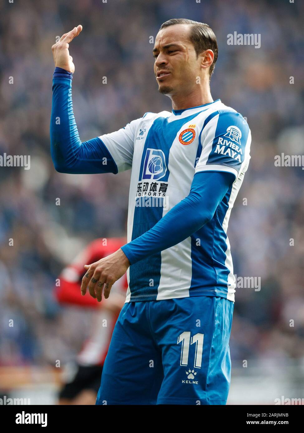 Barcellona, SPAGNA - 24 GENNAIO: Raul de Tomas di RCD Espanyol durante la partita Liga tra RCD Espanyol e FC Barcellona allo stadio RCD il 24 gennaio, Foto Stock
