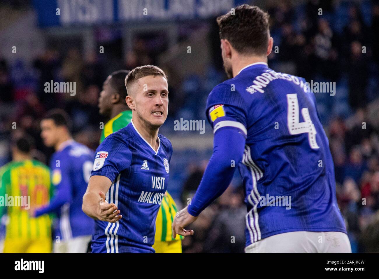 Cardiff, Regno Unito. 28th Gen 2020. Gavin Whyte di Cardiff City celebra il suo gol di apertura lati segnato da Callum Paterson. EFL Skybet Championship match, Cardiff City / West Bromwich Albion al Cardiff City Stadium martedì 28th gennaio 2020. Questa immagine può essere utilizzata solo per scopi editoriali. Solo uso editoriale, licenza richiesta per uso commerciale. Nessun utilizzo nelle scommesse, nei giochi o nelle singole pubblicazioni club/campionato/giocatore. PIC by Lewis Mitchell/Andrew Orchard sports photography/Alamy Live News Credit: Andrew Orchard sports photography/Alamy Live News Foto Stock