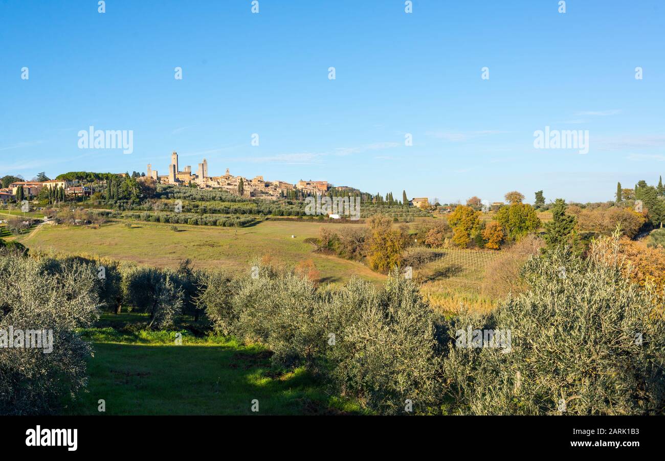 Vista sulla città italiana di San Gimignano, una piccola cittadina collinare medievale fortificata in Toscana conosciuta come la Città delle belle Torri. Paesaggio toscano con colline Foto Stock