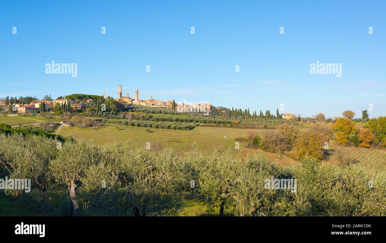 Vista sulla città italiana di San Gimignano, una piccola cittadina collinare medievale fortificata in Toscana conosciuta come la Città delle belle Torri. Paesaggio toscano con colline Foto Stock