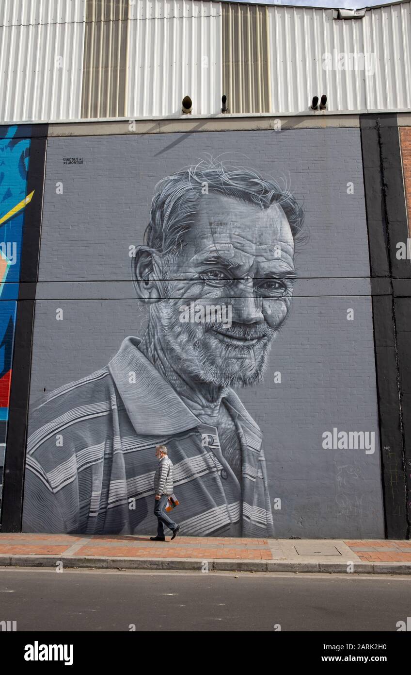 Le fabbriche nella zona industriale di Puente de Aranda, Bogata, Columbia concordano con gli artisti per dipingere murales sulle loro pareti. Foto Stock