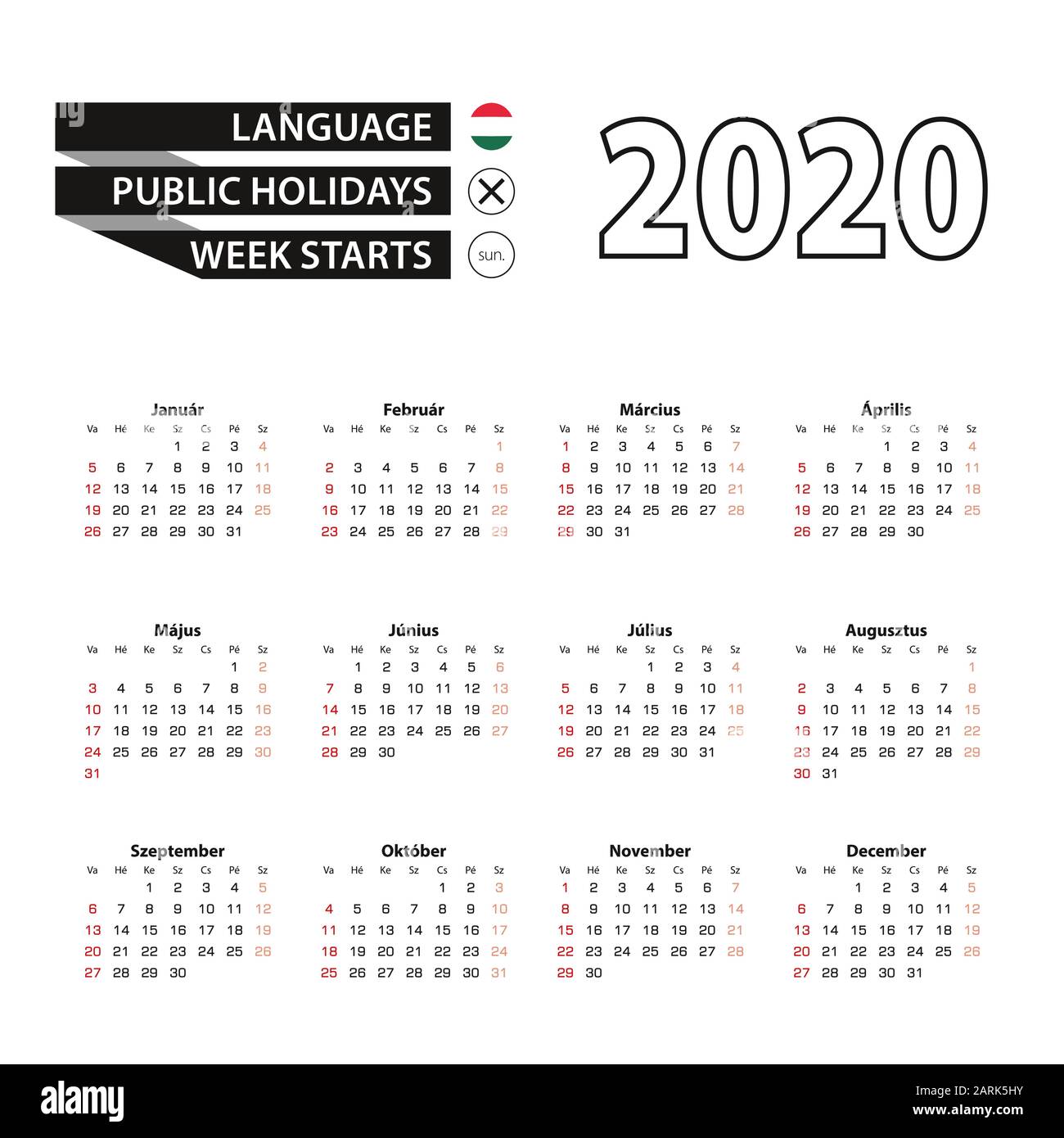 Calendario 2020 in lingua ungherese, la settimana inizia da domenica. Illustrazione Vettoriale. Illustrazione Vettoriale