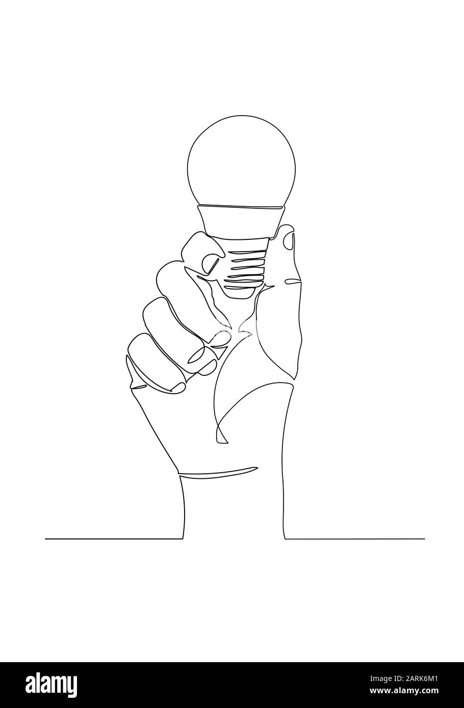 un disegno continuo a una riga con lampadina della luce di mantenimento manuale. Illustrazione del vettore. Foto Stock