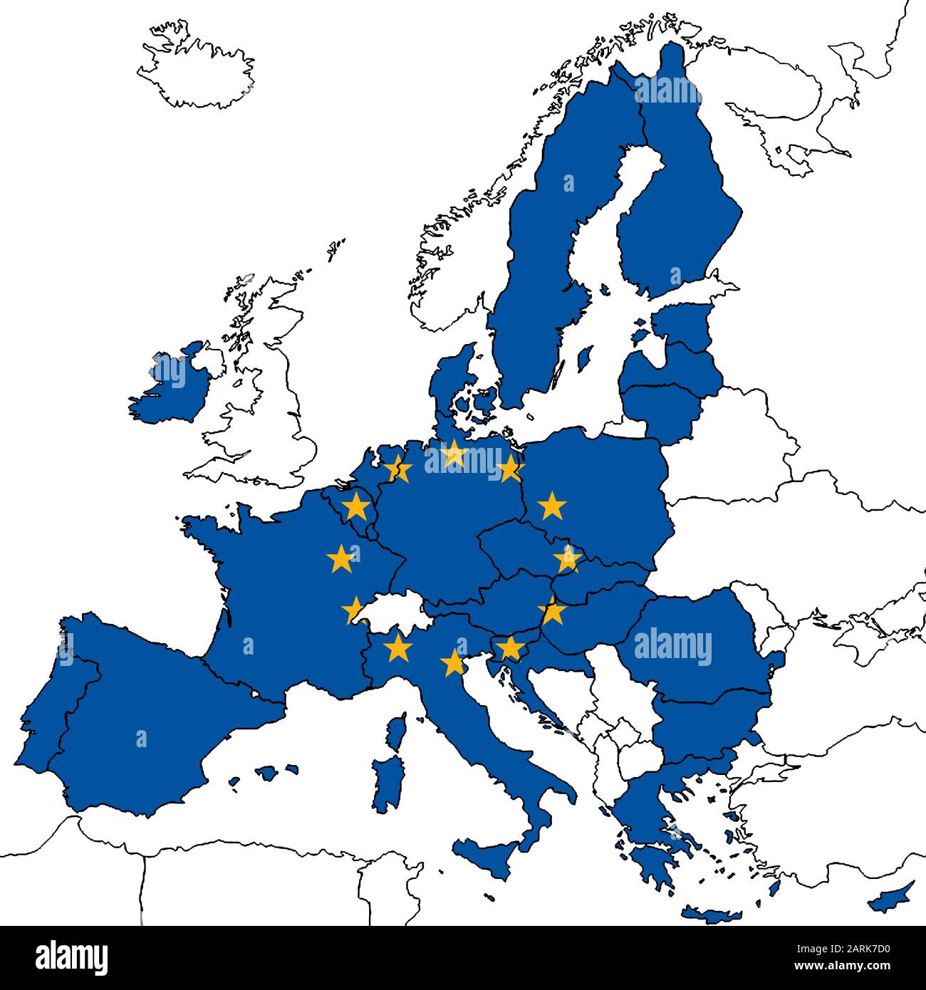 Una mappa dell'Unione europea senza la Gran Bretagna su sfondo bianco Foto Stock