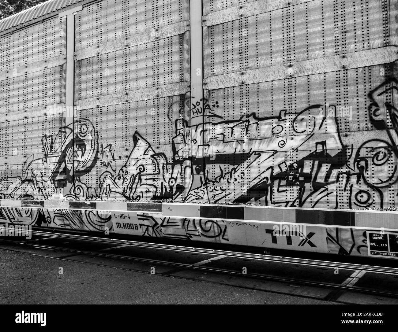 Primo piano di graffiti sulla macchina ferroviaria che trasporta nuovi veicoli dal Messico a Nogales, AZ, USA, in bianco e nero Foto Stock