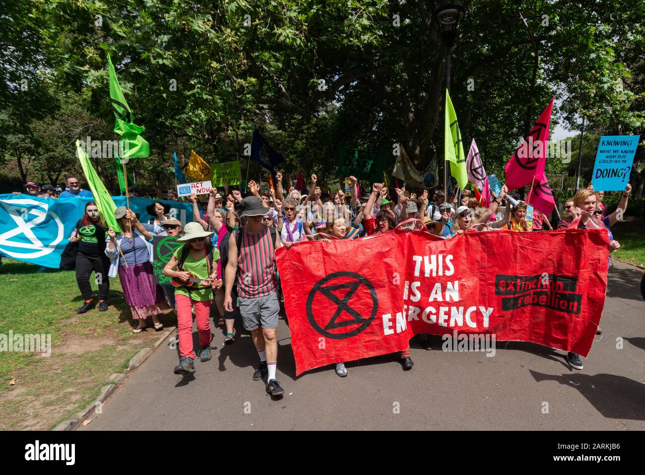 Sydney, Australia - 7 ottobre 2019 - Centinaia di attivisti australiani della ribellione contro l'estinzione si riuniscono a Belmore Park per una protesta contro il cambiamento climatico. Foto Stock