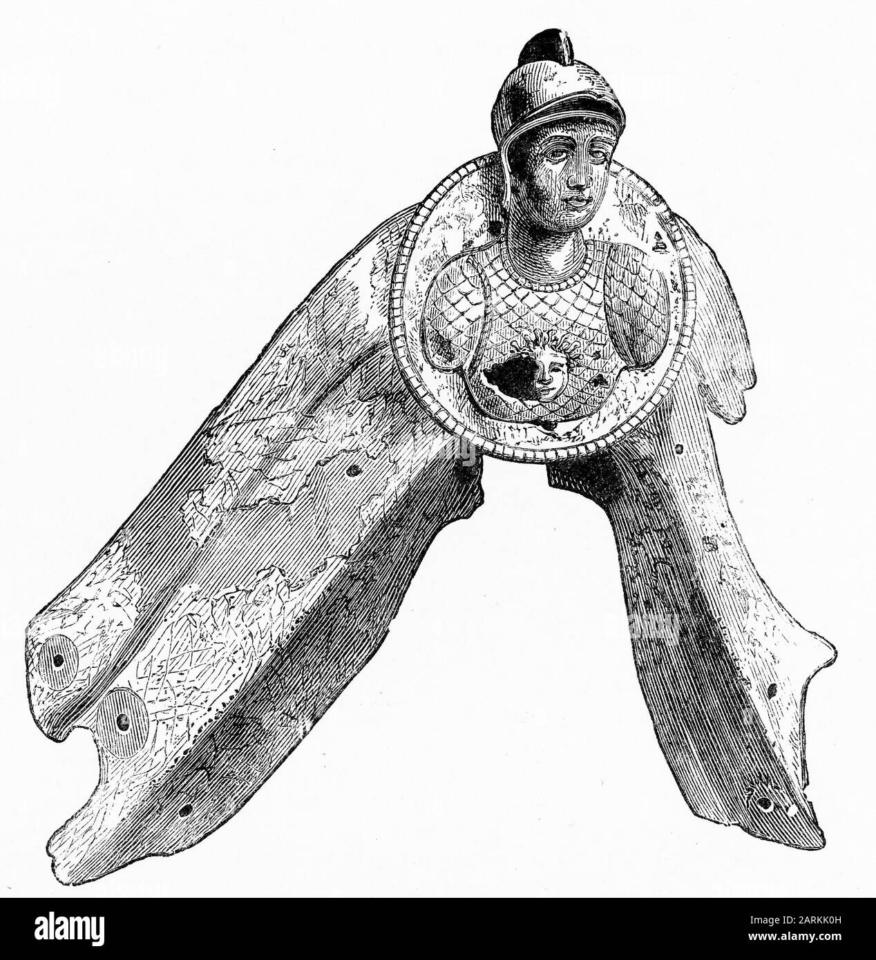 Incisione della statuetta della galea romana Minerva, che combatté nella battaglia di Actium, combatté tra la flotta di Ottaviano e le forze combinate di Mark Antony e della regina Cleopatra d'Egitto il 2 settembre 31 a.C. nel Mar Ionio vicino al promontorio di Actium in Grecia. Foto Stock